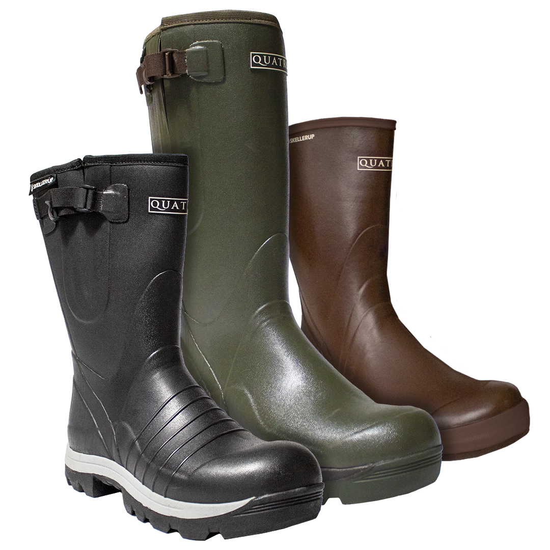 Image of 3 Skellerup Quatro boots in a row, black, brown, green